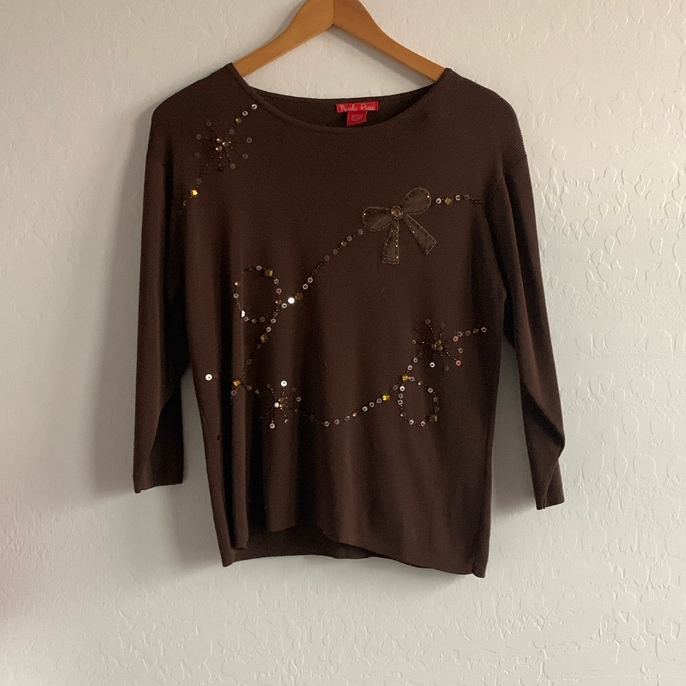 Nicole Ricci Brown Beaded Bow Top M/L